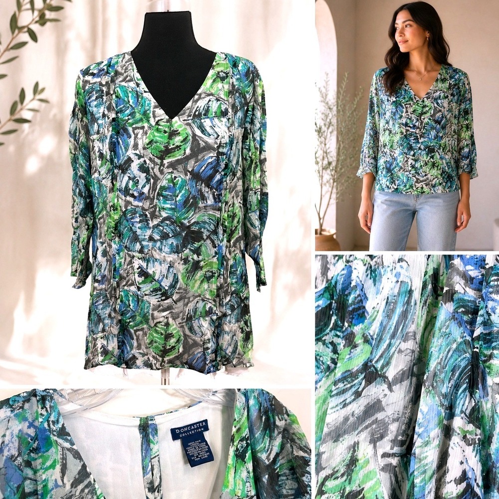Doncaster Silk Tropical Pleated Tunic Top Women 12 Travel Resort Cruise Abstract